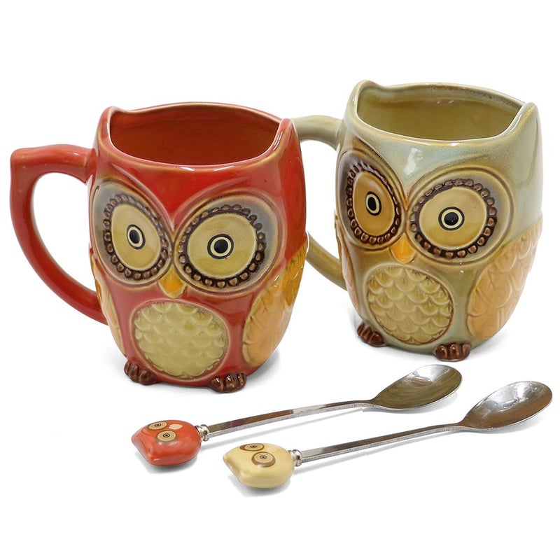 SQOWL 3D Coffee Mug Cute Set of 2 Owl Ceramic Coffee Mugs with spoons Office Tea Cups for Women Men 12 oz Cyan and Red - Image 1